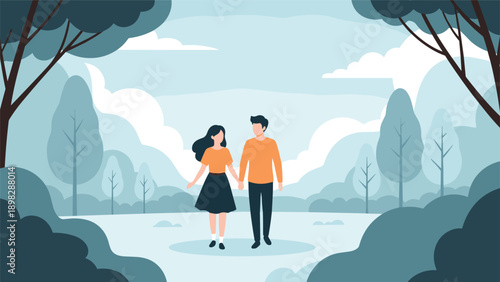 Romantic couple holding hands and walking through a serene blue forest with soft lighting and many trees.