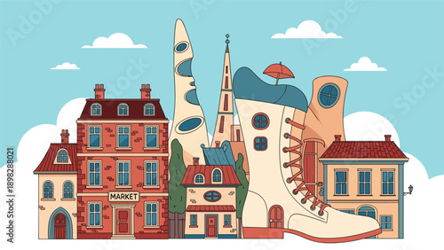 Whimsical city street featuring creative buildings shaped like a boot and other tall artistic structures.