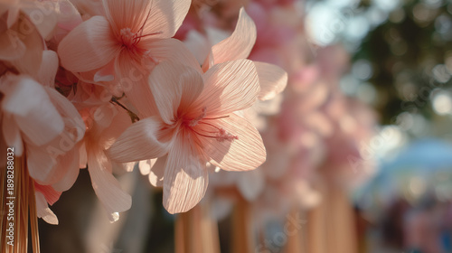 The vibrant Balayong Festival celebrations in Puerto Princesa City, Philippines, showcase colorful floral decorations and lively atmosphere with festive blooms and joyful crowd.