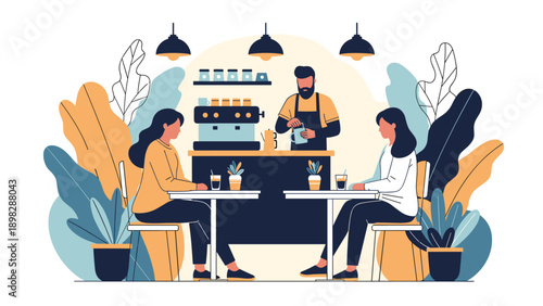 Professional barista preparing coffee for customers sitting at tables in a stylish cafe with large plant leaves.