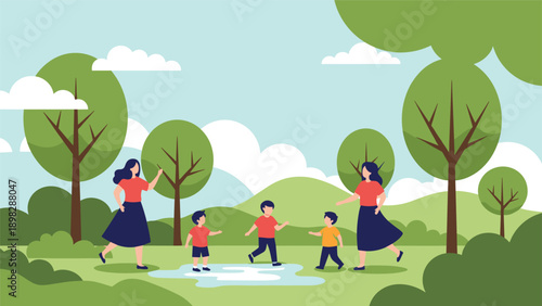 Happy mothers walking with their children in a green park with trees and hills under a blue sky.