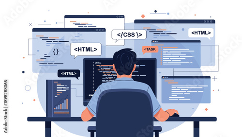 Software developer working on multiple monitors with various programming windows for web and app development.