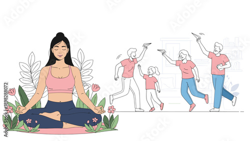 Woman practicing peaceful meditation in a garden while a busy family runs around in the background.