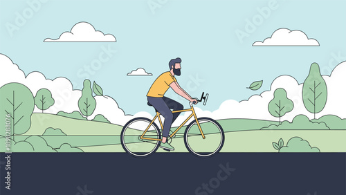 Bearded man in a yellow shirt riding a bicycle along a park road on a beautiful clear day.