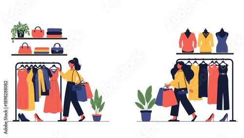 Two stylish women browsing clothing racks and carrying shopping bags in a modern boutique store.