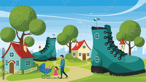 Flat vector illustration of a father and daughter exploring a whimsical world with footwear architecture and lush green trees.