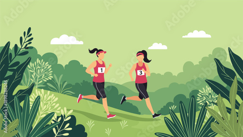 Flat vector illustration of female marathon runners exercising in nature during a sunny day with rolling hills and white clouds.