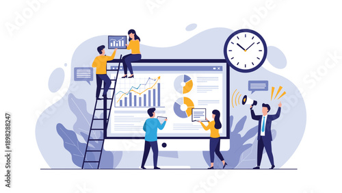Flat vector illustration of a collaborative work environment where experts analyze information and communicate tasks using a loudspeaker.
