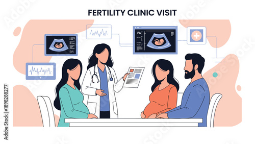 Flat vector illustration for a healthcare visit, featuring a physician explaining medical reports to expectant parents in a modern facility.