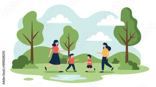 Happy family with two young children playing together and running in a scenic park with lush greenery and hills.
