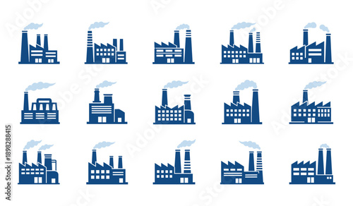 Collection of blue factory icons with smoke stacks industrial building