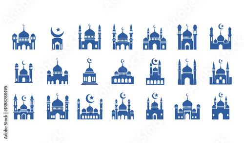 Collection of Islamic mosque building icons in blue silhouette on white background architecture religion