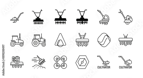 Set of linear icons depicting various agricultural machinery and farming tools, including cultivators and tractors, on a white background.