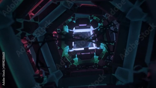 Futuristic Hexagonal Tunnel with Neon Lights and Geometric Patterns