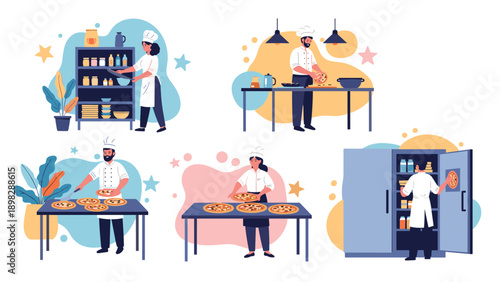 Professional chefs working in a commercial kitchen to prepare and bake several delicious pizzas for customers.