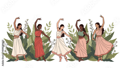 Group of elegant women in traditional colorful Indian sarees performing a graceful dance in front of lush plants.