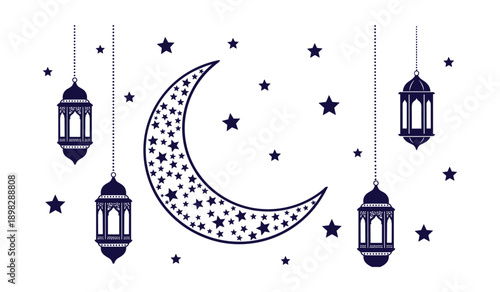 Islamic crescent moon and hanging lanterns with stars on white background ramadan