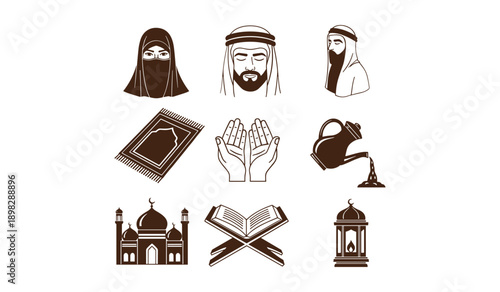 Islamic cultural icons including people prayer rug and religious symbols muslim arab