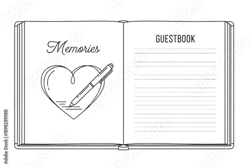 Vector guestbook or memory book illustration with heart and pen, for wedding or event, Isolated on transparent background, png