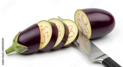 Sliced Eggplant with Knife on White Background