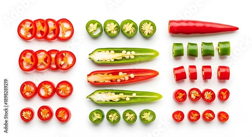 Assorted Sliced Red and Green Peppers and Tomatoes on White Background