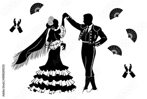 Flamenco dancer couple silhouette with fans, Spanish dance illustration, for poster or banner, Isolated on transparent background, png