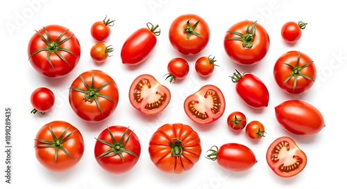 Fresh Tomatoes of Various Sizes and Shapes on White Background