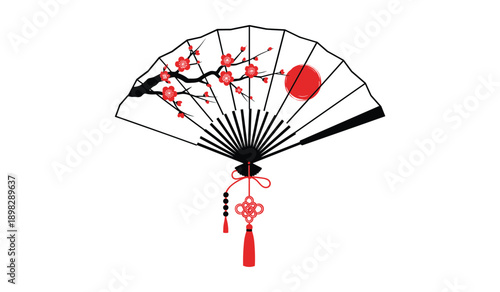 Japanese fan with cherry blossoms and sun symbol traditional culture