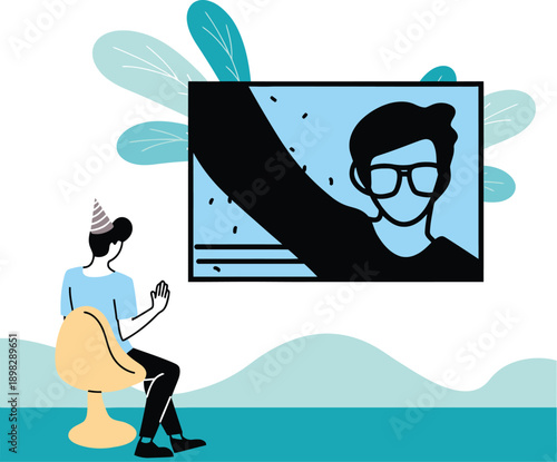 Man in party hat waving during a virtual birthday celebration via video call on a large monitor