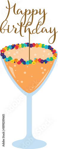 Orange martini glass cocktail with colorful sprinkles on the rim and a happy birthday topper