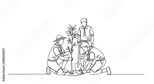 team planting tree together outdoors