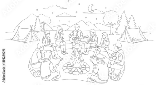 camping friends around campfire at night
