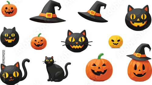 Halloween Characters Pumpkins Black Cats Witch Hats Isolated White Background jack o lantern