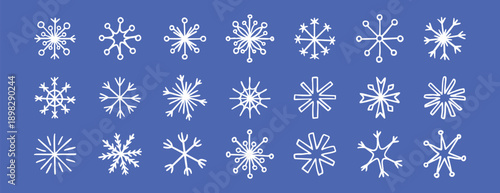 White doodle snowflakes set against deep blue for visual design elements, Intricate white snowflake illustrations on navy blue backgrounds tailored for banners and promotional materials