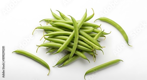 Fresh Green Beans on White Background with Loose Pods Around the Pile