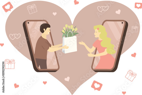 Long Distance Romance Illustration with Couple Sending Flowers and Gifts via Mobile Phones