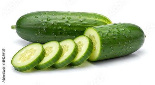 Fresh Cucumbers Sliced and Whole on White Background