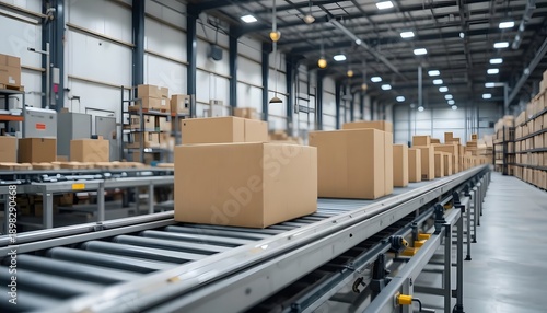 Packages moving on conveyor belt in a large warehouse with boxes and shelving units in the background