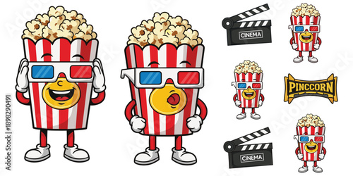 Popcorn Character 3D Glasses Cinema Clapperboard Movie Entertainment 3d glasses