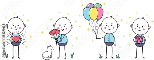 Cartoon Character Showing Love with Flowers Balloons and Gifts Set of Heartfelt Actions