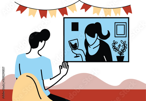 Online Party Celebration with Friends via Video Chat on Laptop Screen with Toasts