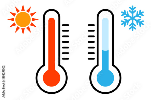 Weather temperature thermometers with sun snowflake icons for climate forecast
