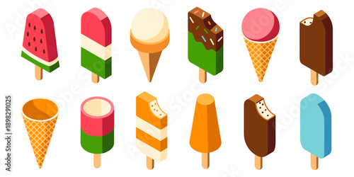 Colorful ice cream cones and popsicles on white background