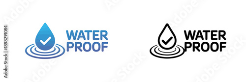 Waterproof icons with checkmark in water drop  protection guarantee symbols