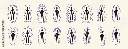 Set of human silhouettes with colorful auras in various line styles, esoteric mystical design, hand drawn