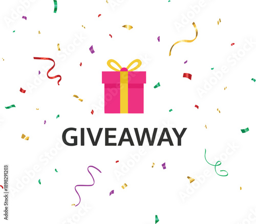 Giveaway Promotional Graphic with Pink Gift Box and Colorful Confetti on White Background