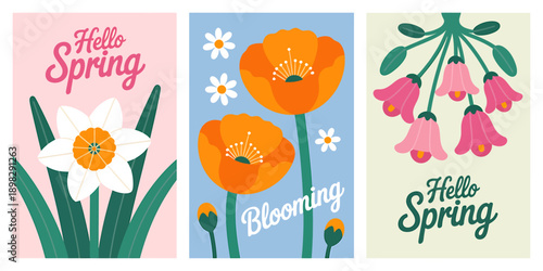 Colorful spring flowers posters with hello spring blooming text