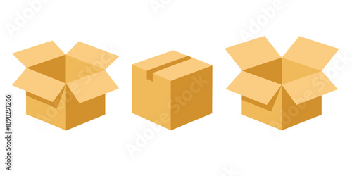 Three brown cardboard boxes on white background  open and closed