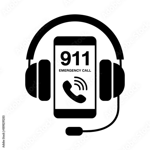 Emergency call service icon with phone and headphones for crisis situations