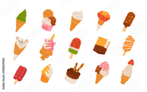 Cute Ice Cream Vector Set. Flat Cartoon Popsicles, Cones and Frozen Desserts Collection. Sweet Summer Treats Illustration for Menu, Stickers, Patterns, Kids Design